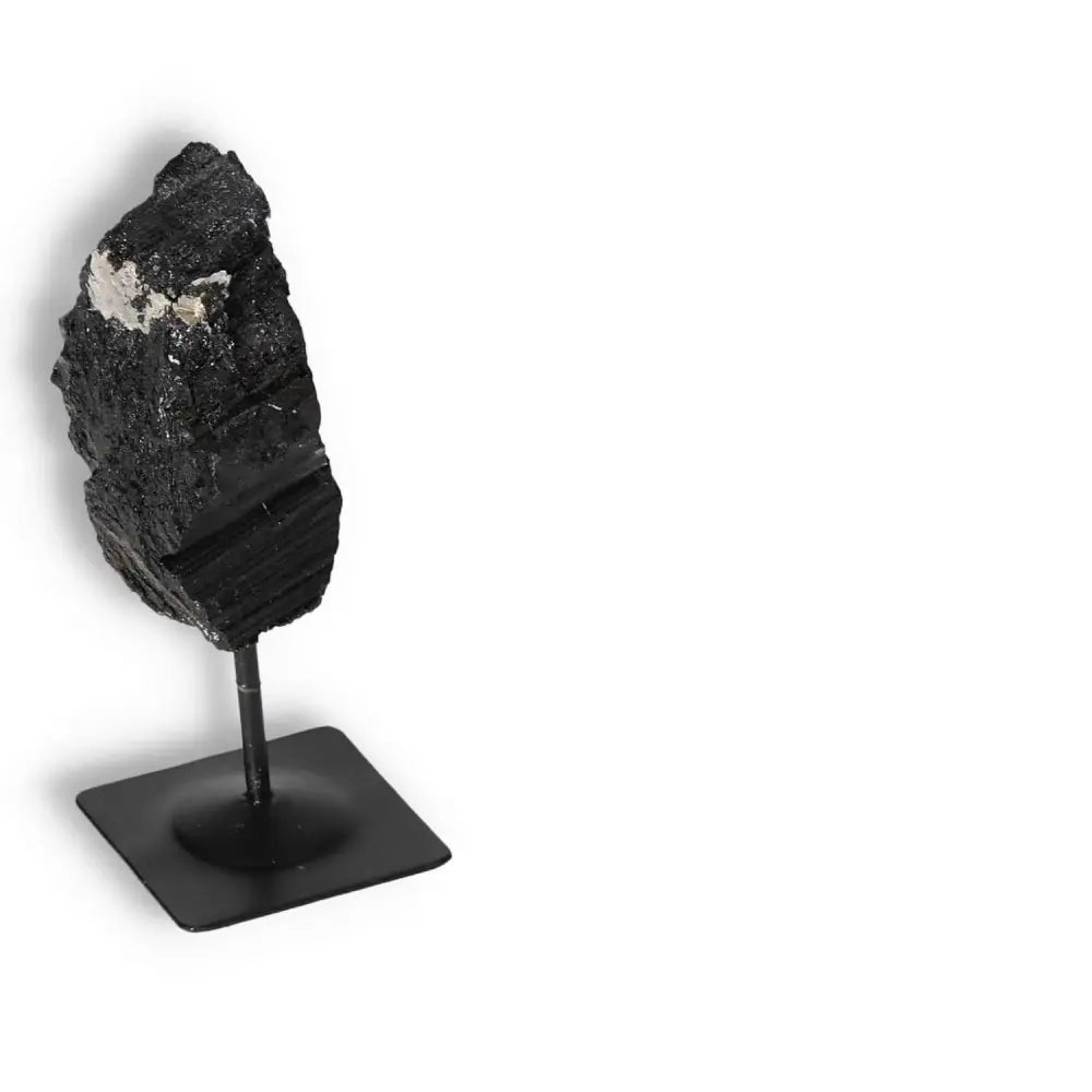 Rough Black Tourmaline with Metal Stand S, natural gemstone for energy purification and grounding, from Sylvia Crystals.