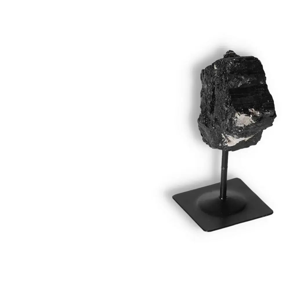 Rough Black Tourmaline on metal stand, premium gemstone for energy purification and grounding, by Sylvia Crystals, size S.