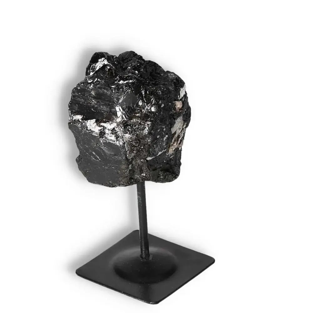 Rough Black Tourmaline with Metal Stand S by Sylvia Crystals, crystal for cleansing negative energies and stylish home décor.