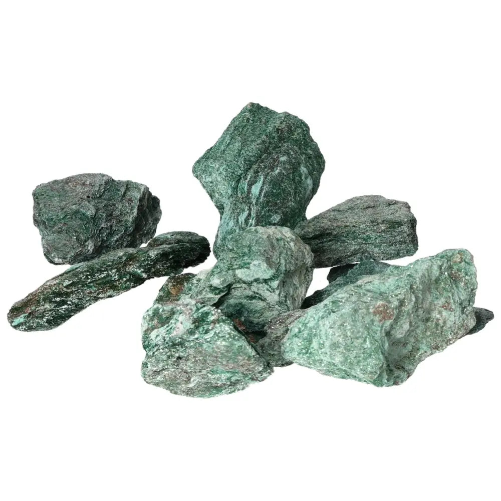 Rough Fuchsite 1 kg stones showcasing vivid green hues, highlighting Sylvia Crystals' luxury and craftsmanship.