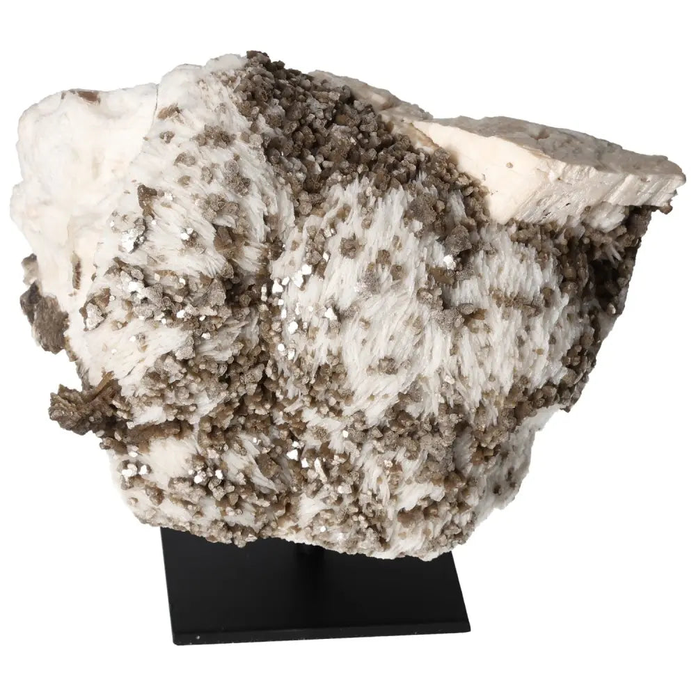 Premium Rough Mica with Albite on Metal Stand by Sylvia Crystals, showcasing raw beauty and elegance for decorative purposes.