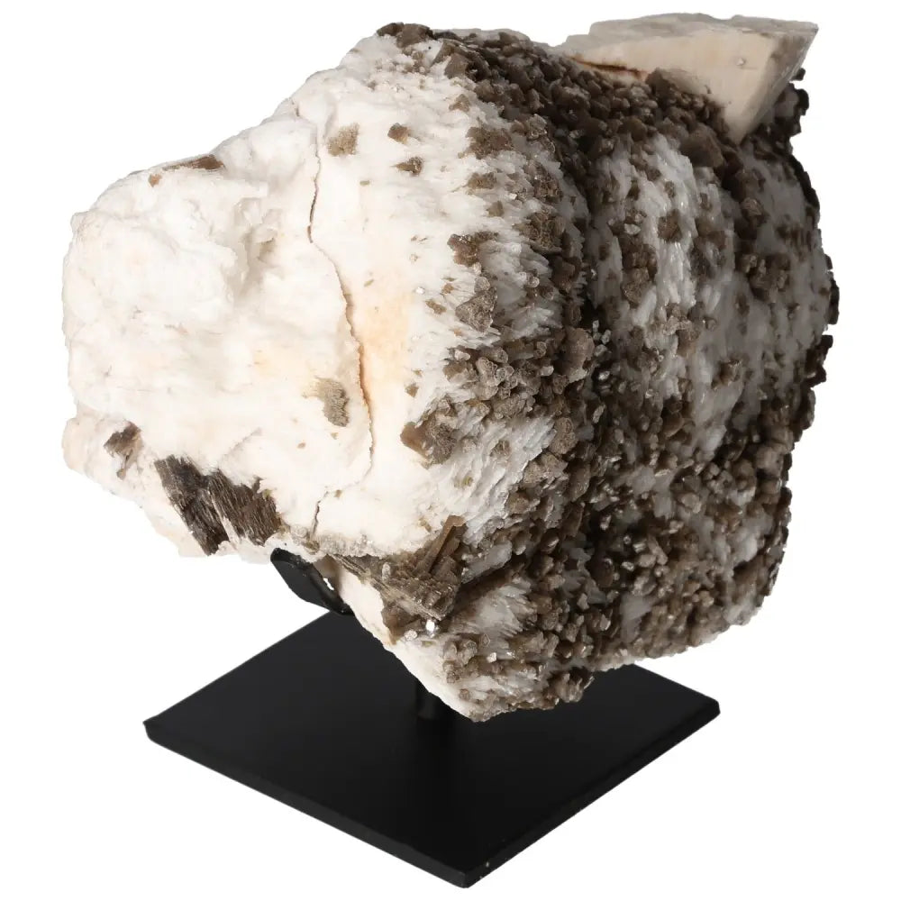 Rough Mica with Albite on Metal Stand by Sylvia Crystals, showcasing its natural beauty and elegance for decorative purposes.