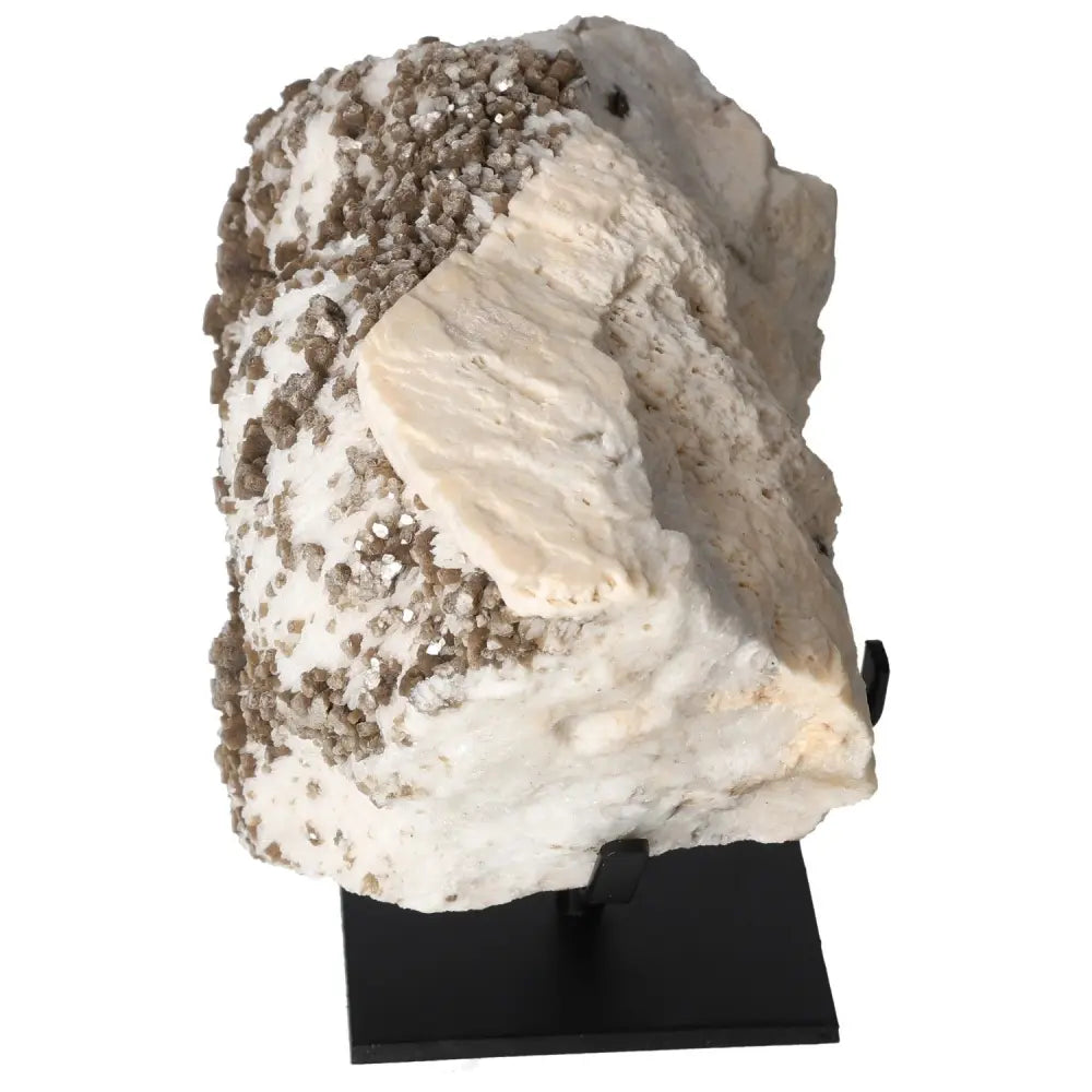 Rough Mica with Albite on metal stand from Sylvia Crystals, showcasing raw beauty and elegance for home decor.