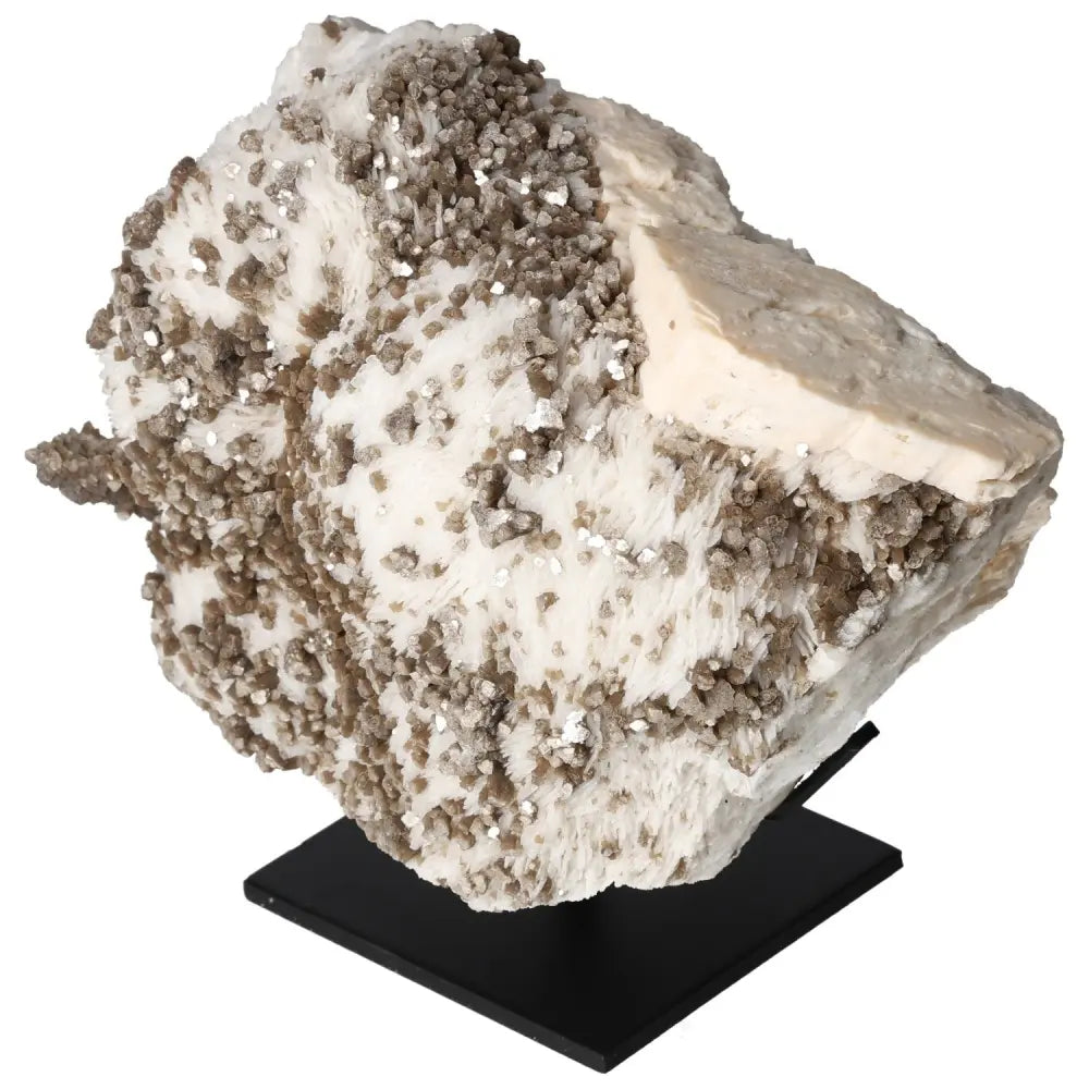 Rough Mica with Albite on a Metal Stand by Sylvia Crystals, showcasing exceptional natural beauty and elegance for home decor.
