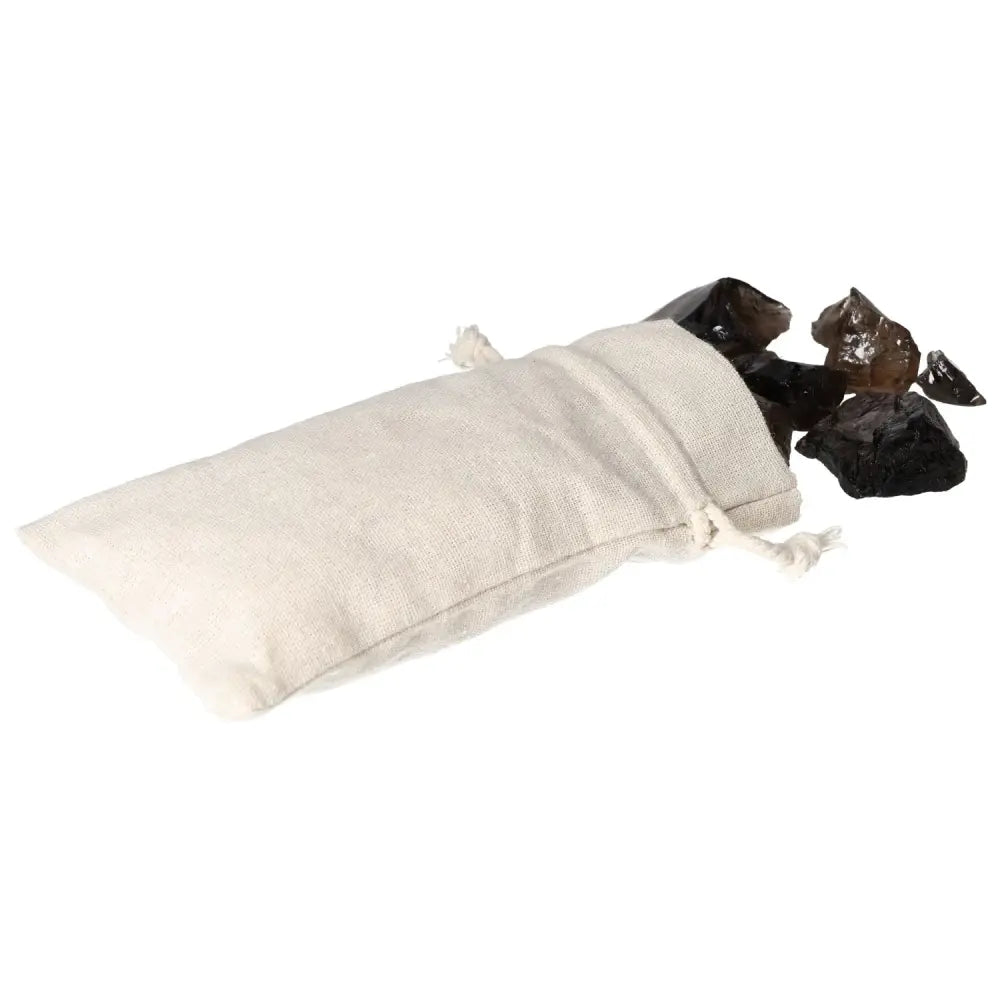 Rough Smoky Quartz stones with drawstring pouch, ideal for clarity and grounding, from Sylvia Crystals.