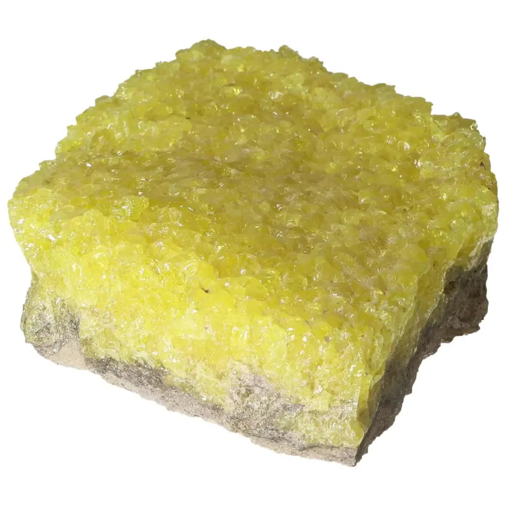 Vibrant yellow Rough Sulphur Druze crystal from Sylvia Crystals, showcasing natural unpolished sulphur in its raw mineral form.