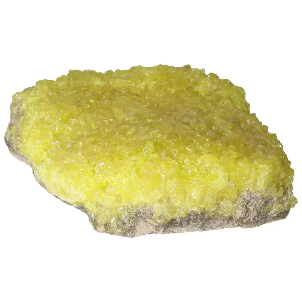 Premium Rough Sulphur Druze with vibrant yellow sulphur crystals, natural and unpolished, Sylvia Crystals collection.