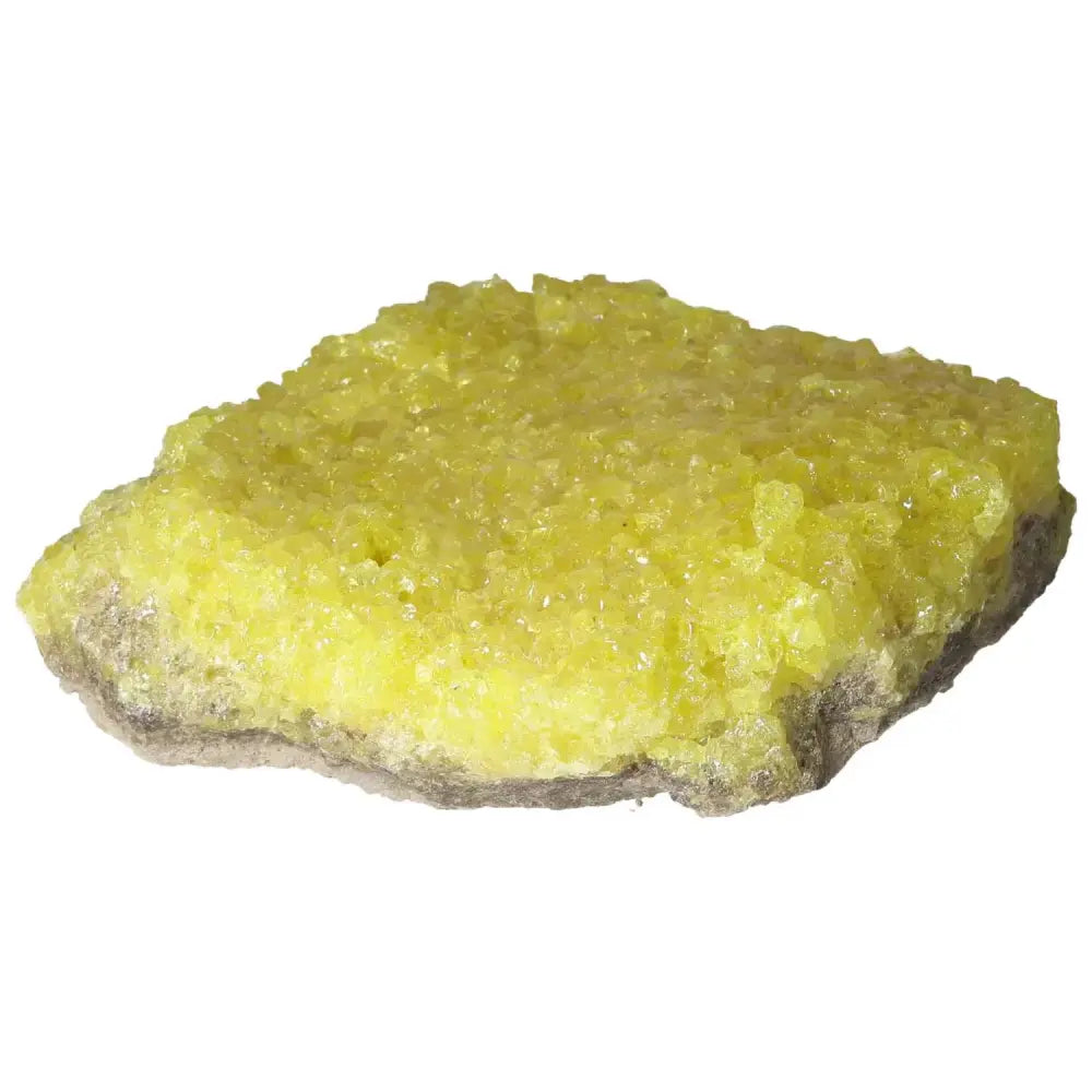 Vibrant yellow Rough Sulphur Druze crystal, premium Sylvia Crystals specimen, showcasing natural unpolished sulphur formation.