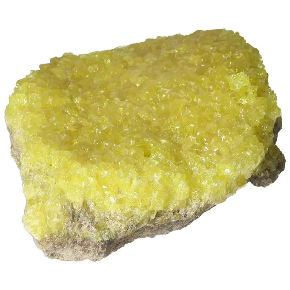 Vibrant Rough Sulphur Druze crystal with natural yellow hue, premium Sylvia Crystals mineral showcasing raw beauty and allure.