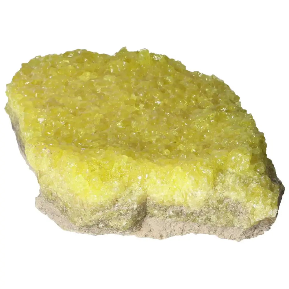 Vibrant yellow Rough Sulphur Druze crystal, unpolished mineral from Sylvia Crystals, showcasing natural allure and beauty.