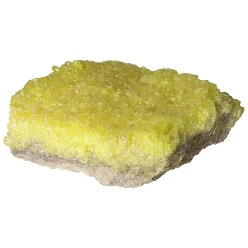 Vibrant yellow Rough Sulphur Druze crystal from Sylvia Crystals, showcasing natural beauty in unpolished form.
