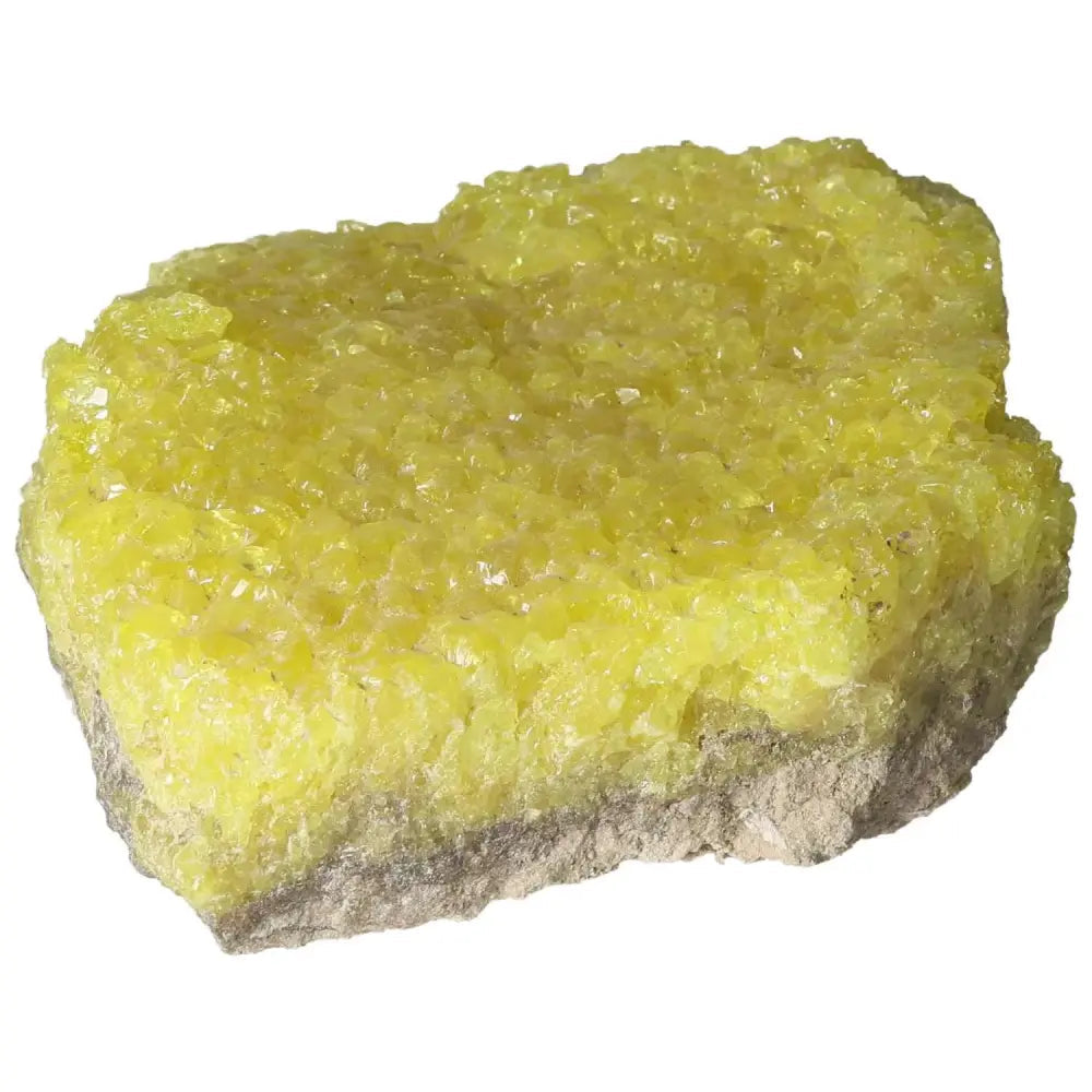 Vibrant yellow Rough Sulphur Druze crystal from Sylvia Crystals, showcasing natural beauty in its unpolished form.