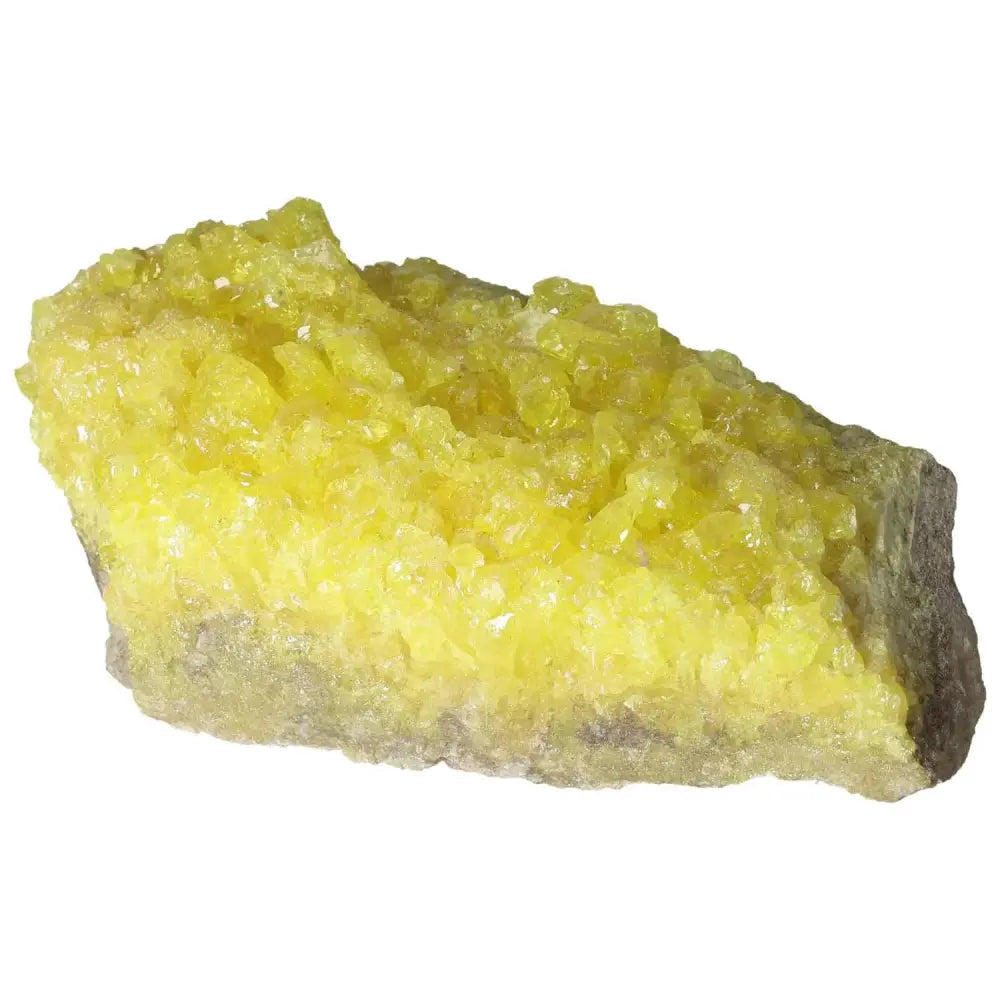 Rough Sulphur Druze crystal displaying vibrant yellow hues and intricate texture, ideal for enhancing spiritual energy. Sylvia Crystals product.