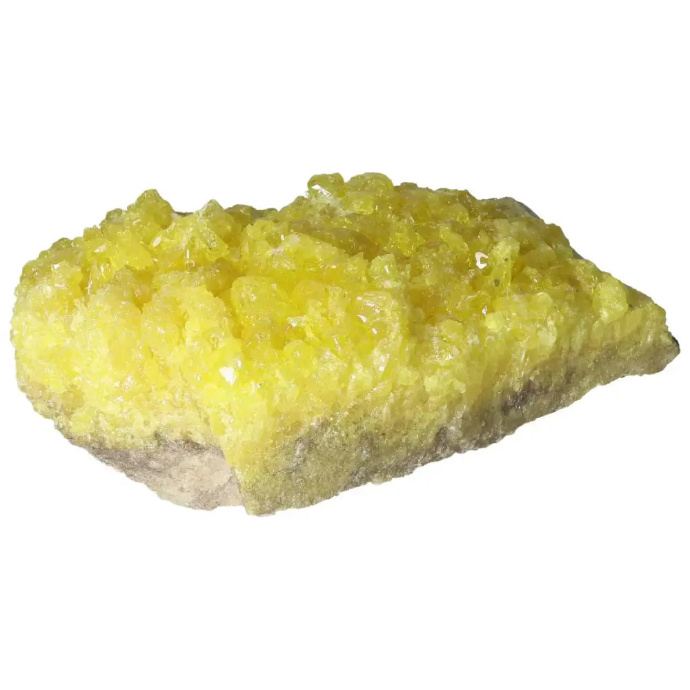 Rough Sulphur Druze with vibrant yellow crystal surface, perfect for spiritual enhancement, offered by Sylvia Crystals.