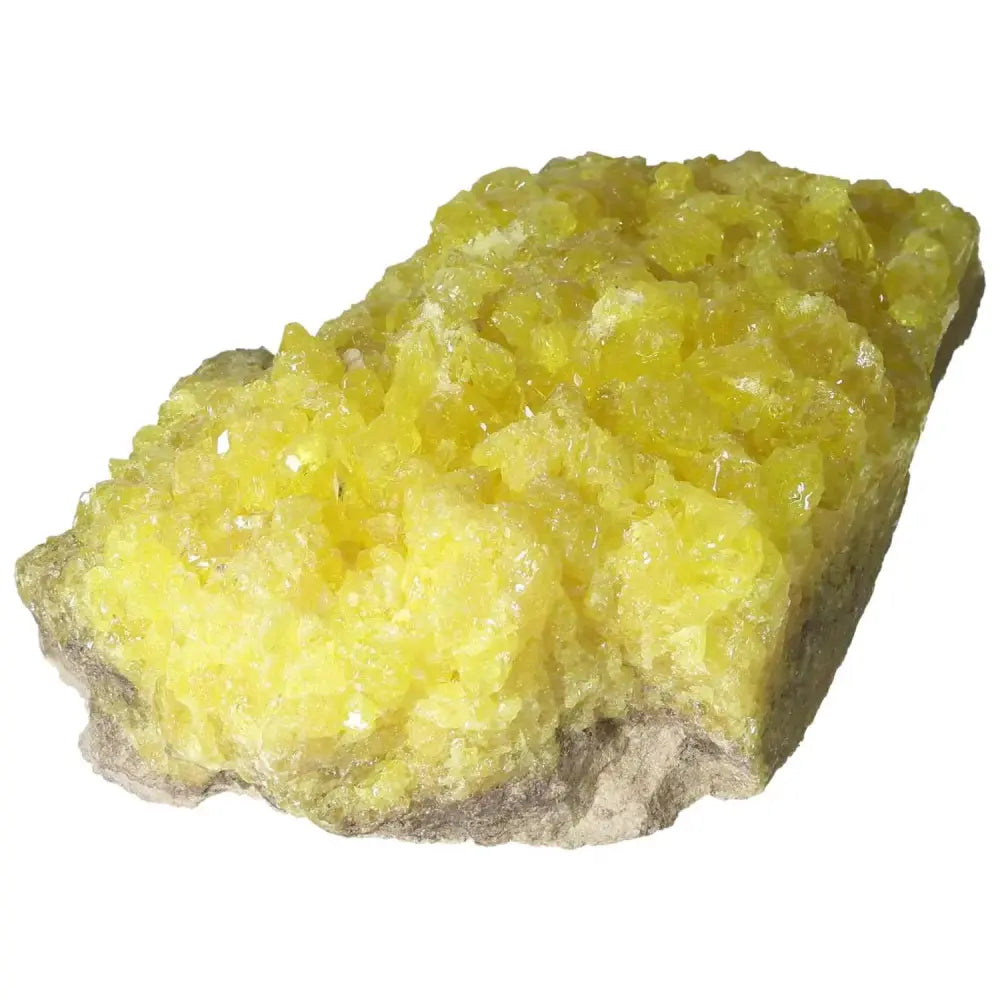 Alt Tag: Rough Sulphur Druze mineral specimen featuring vibrant yellow hues and intricate crystal druze surface from Sylvia Crystals collection.