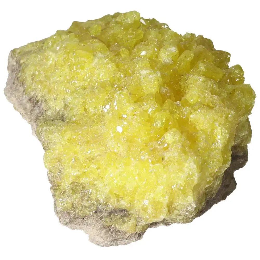 Vibrant Rough Sulphur Druze from Sylvia Crystals, featuring intricate yellow hues and energizing properties.