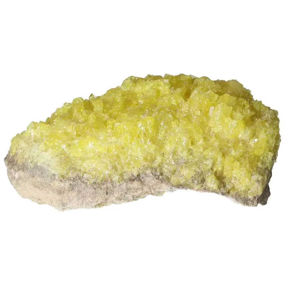 Rough Sulphur Druze mineral specimen with vibrant yellow hues, handpicked by Sylvia Crystals for spiritual enhancement and energy boosting.