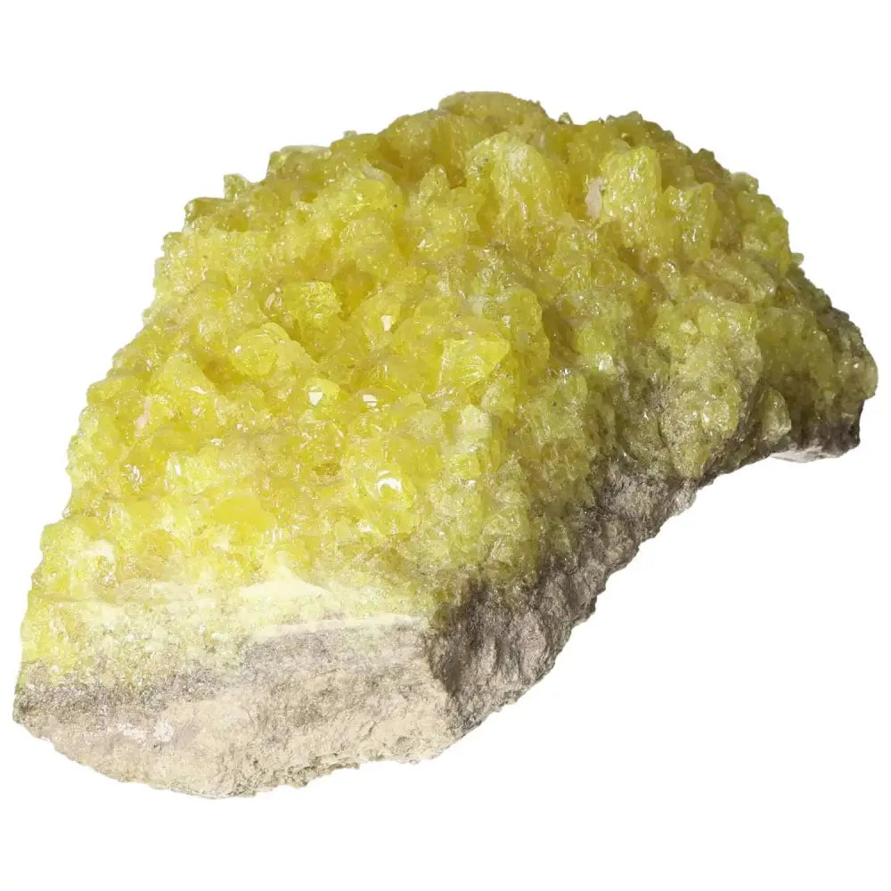 Rough Sulphur Druze with vibrant yellow crystals from Sylvia Crystals, known for energizing properties and spiritual enhancement.
