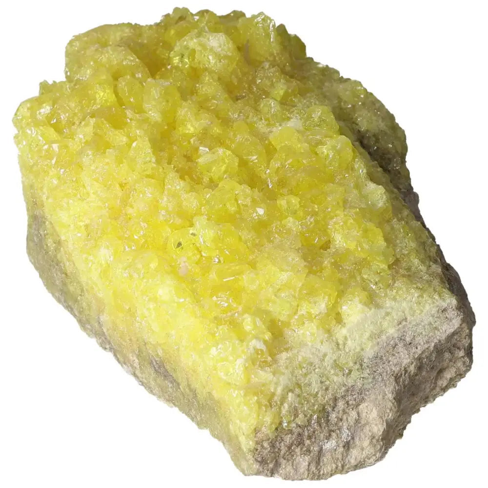 Rough Sulphur Druze crystal with vibrant yellow hues, premium mineral specimen from Sylvia Crystals known for its energizing properties.
