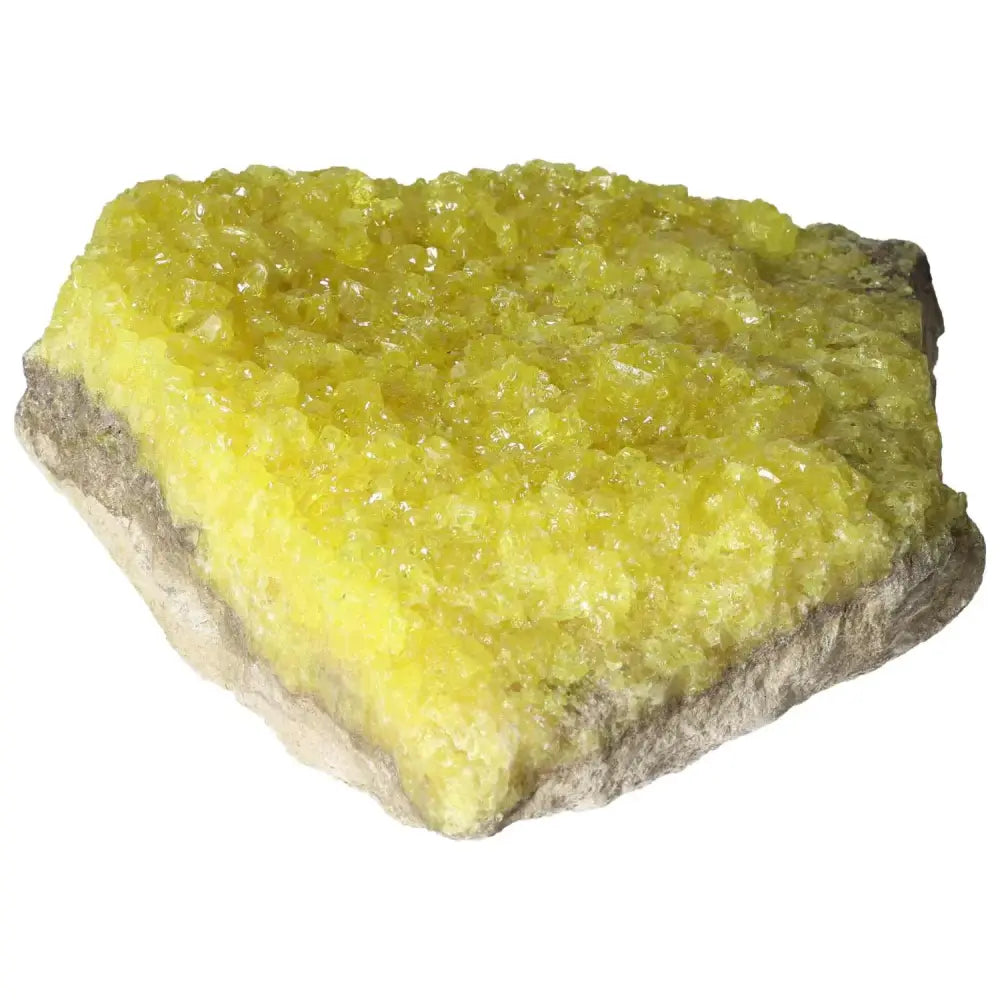 Rough Sulphur Druze with vibrant yellow hues and natural druzy formations from Sylvia Crystals, showcasing elegance and depth.