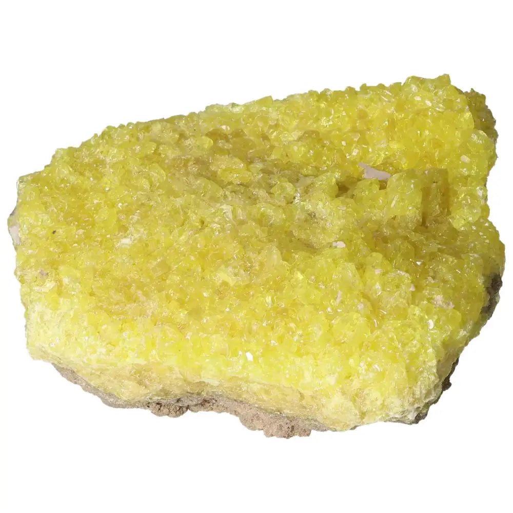 Vibrant yellow Rough Sulphur Druze mineral with crystalline structure by Sylvia Crystals, ideal for collectors and cleansing uses.