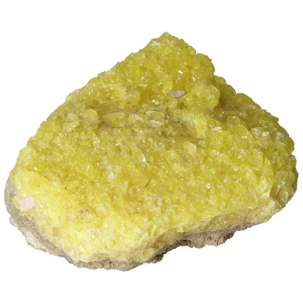 Vibrant yellow Rough Sulphur Druze mineral specimen by Sylvia Crystals, showcasing its unique crystalline structure and cleansing properties.