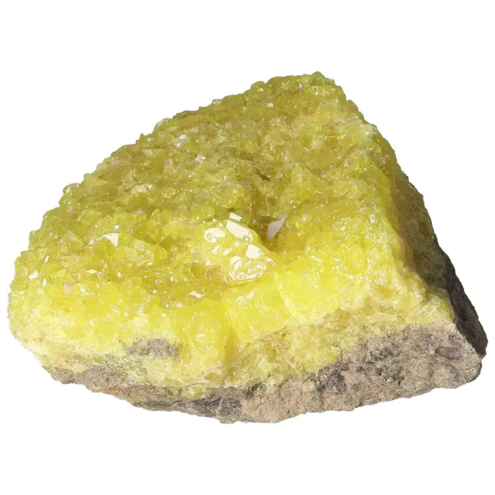 Vibrant yellow Rough Sulphur Druze mineral specimen by Sylvia Crystals, showcasing unique crystalline structure for collectors.