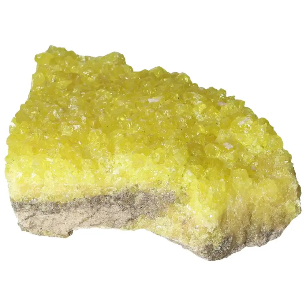 Yellow Rough Sulphur Druze crystal from Sylvia Crystals showcasing vibrant color and intricate formations on a stone base.