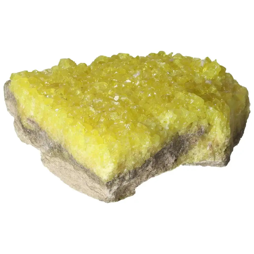 Rough Sulphur Druze by Sylvia Crystals, showcasing vibrant yellow hues and crystalline formations.