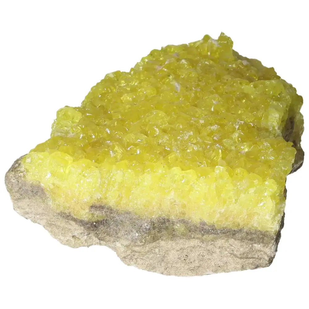 Vibrant yellow Rough Sulphur Druze from Sylvia Crystals, showcasing intricate crystalline formations with natural beauty.