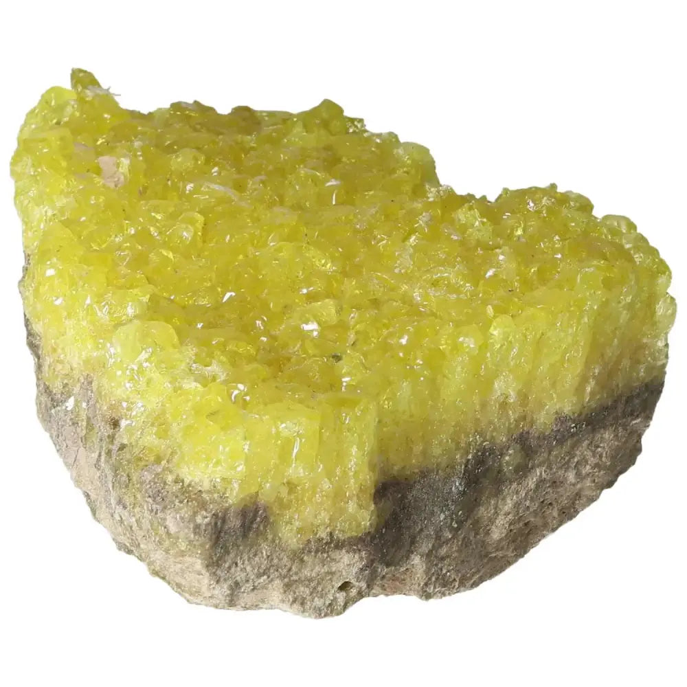 Vibrant yellow Rough Sulphur Druze with crystalline formations from Sylvia Crystals, offering aesthetic and spiritual appeal.