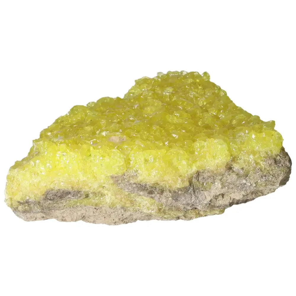 Rough Sulphur Druze from Sylvia Crystals with vibrant yellow hue and crystalline formations, symbolizing natural beauty and spiritual significance.