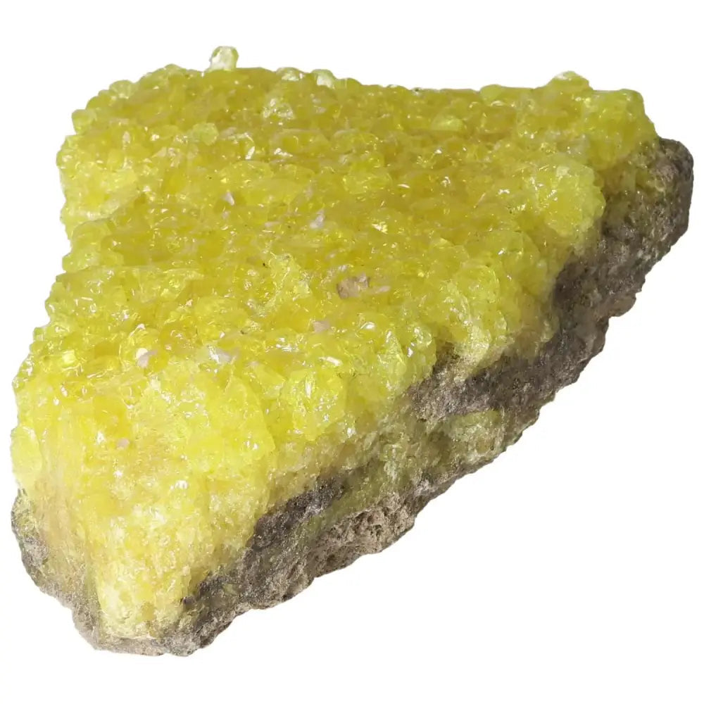 Rough Sulphur Druze with vibrant yellow crystals from Sylvia Crystals, showcasing intricate formations and natural beauty.