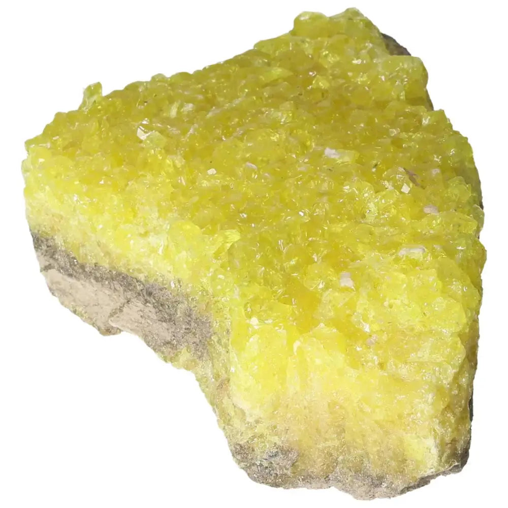 Rough Sulphur Druze with vibrant yellow crystals from Sylvia Crystals, handpicked for its spiritual and aesthetic appeal.