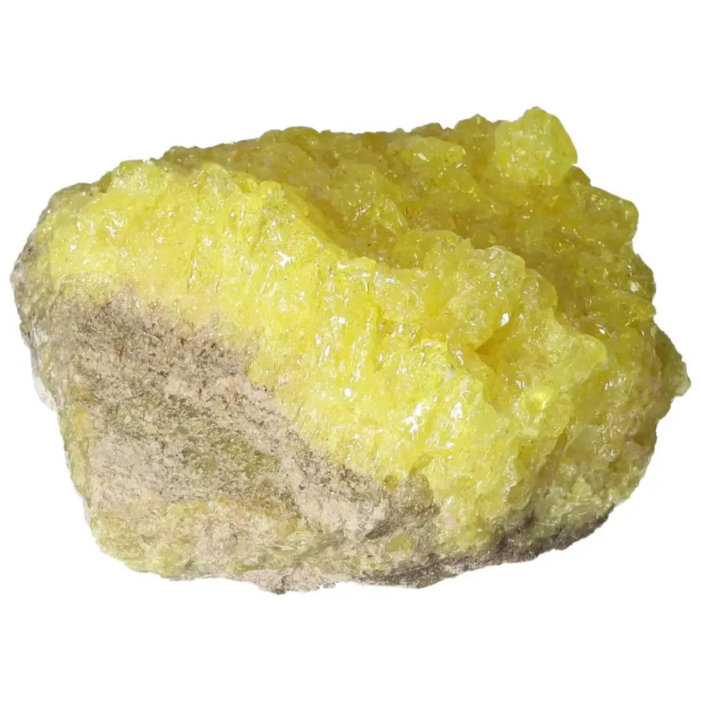 Vibrant yellow Rough Sulphur Druze mineral specimen by Sylvia Crystals, showcasing unique crystalline formations and natural elegance.