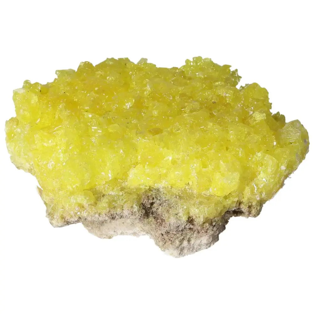 Rough Sulphur Druze with vibrant yellow crystals, symbolizing elegance and spiritual harmony, premium gem by Sylvia Crystals.