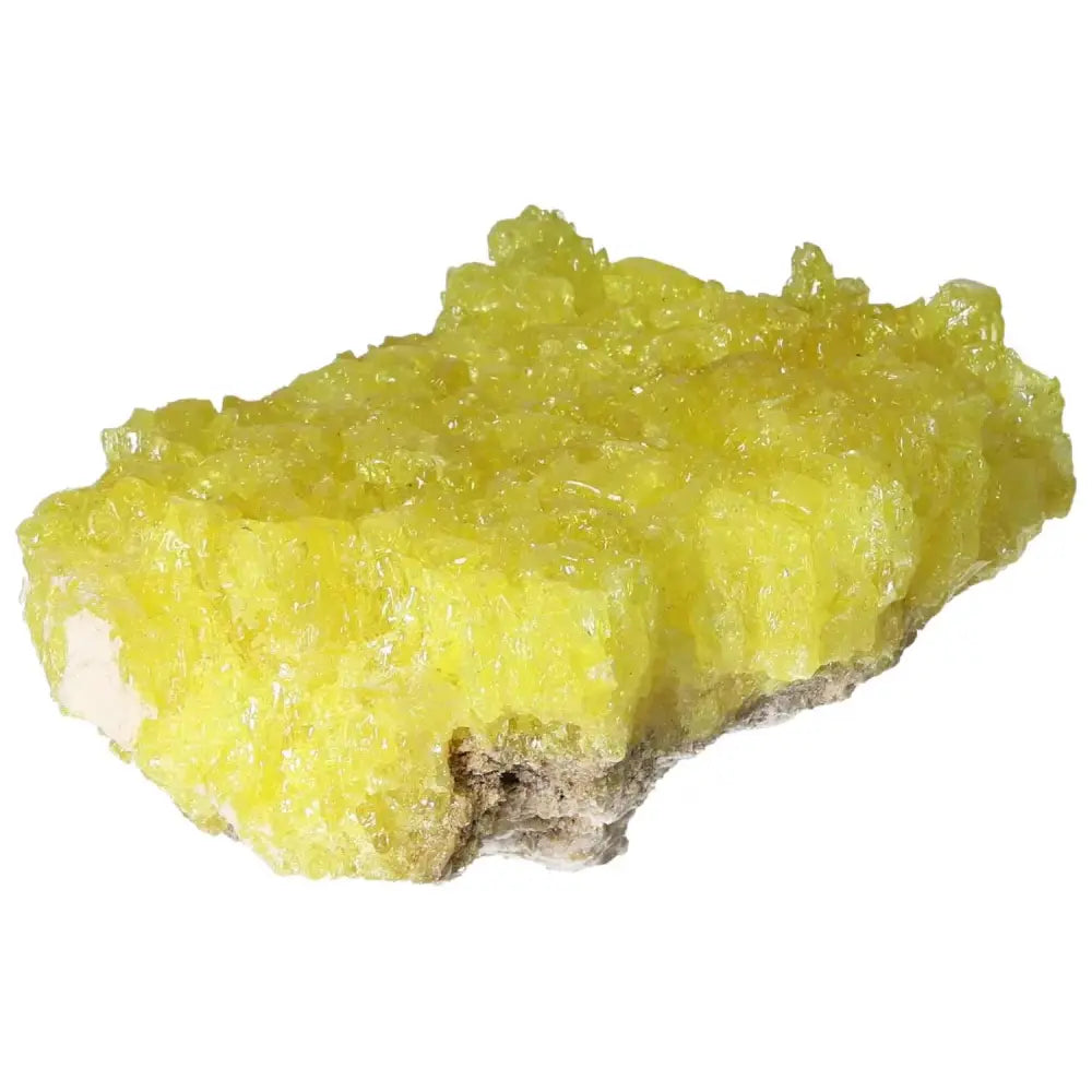 Rough Sulphur Druze with vibrant yellow crystals and textured surface, a premium Sylvia Crystals gem for elegance and spiritual harmony.
