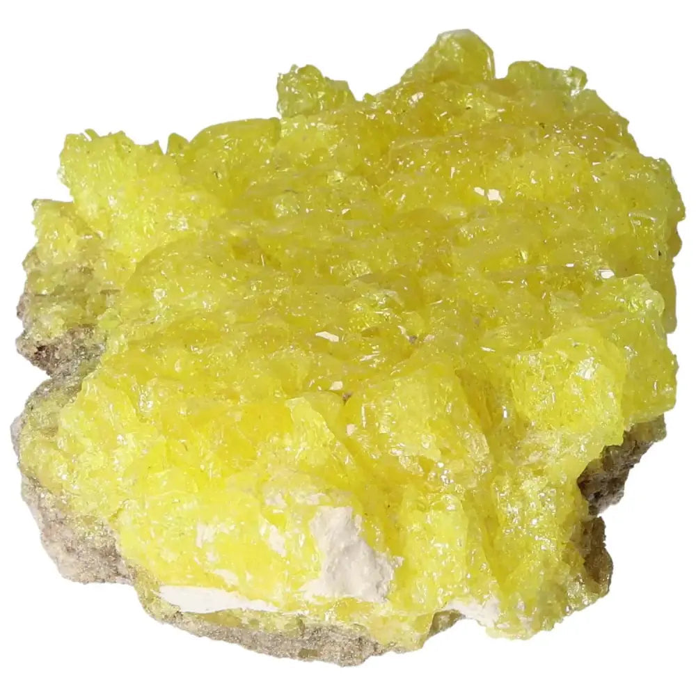 Rough Sulphur Druze crystal with vibrant yellow crystals and textured surface from Sylvia Crystals, symbolizing elegance and harmony.
