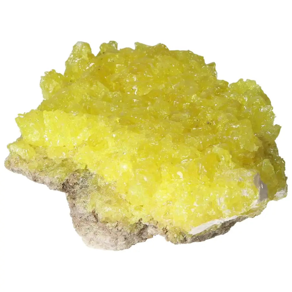 Vibrant yellow Rough Sulphur Druze crystal from Sylvia Crystals, showcasing natural elegance and spiritual harmony on textured surface.