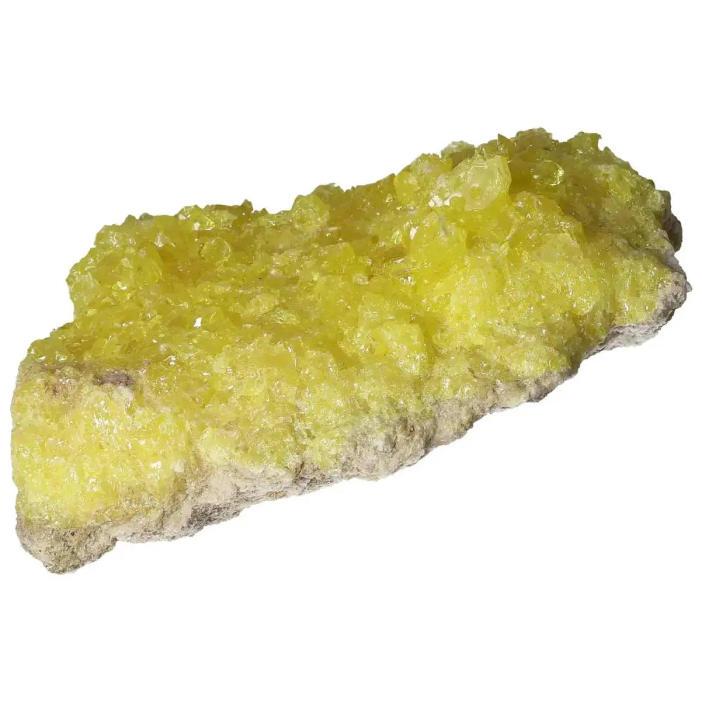 Alt Tag: Rough Sulphur Druze crystal with vibrant yellow hues and intricate druzy surface from Sylvia Crystals.