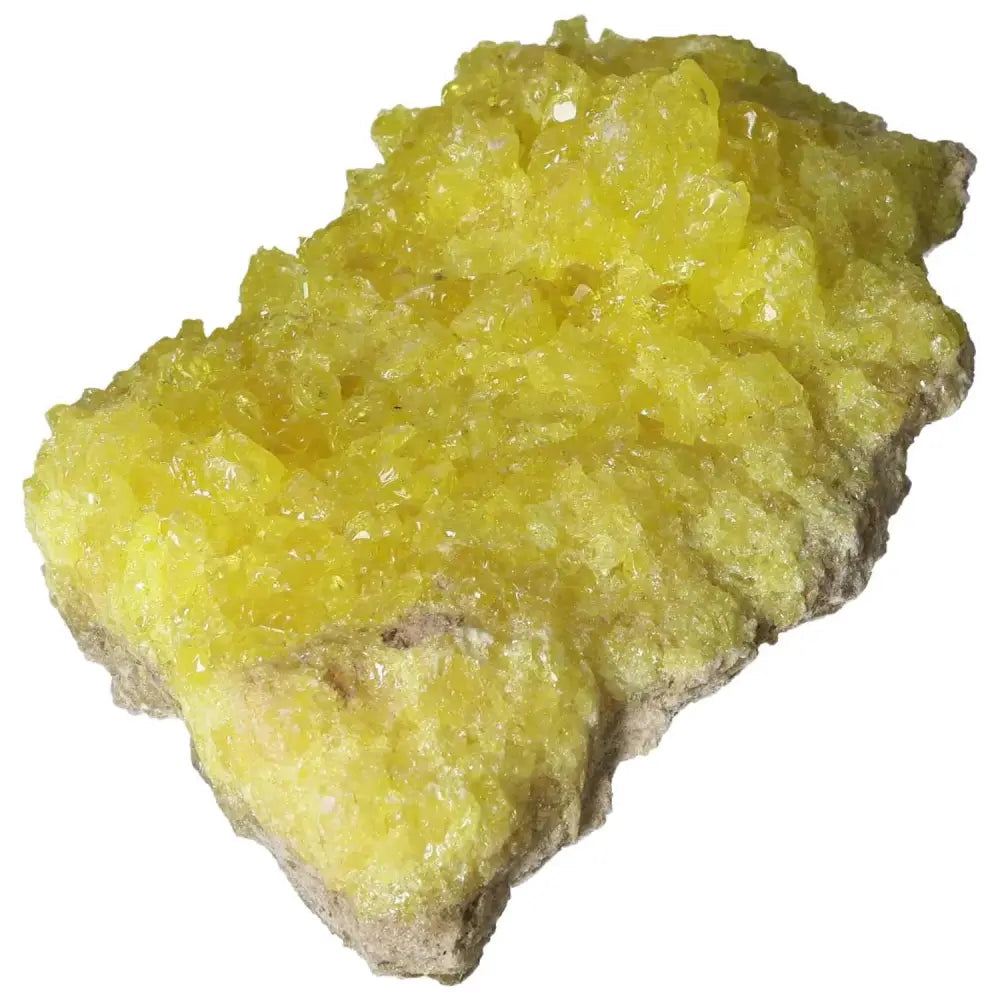 Alt Tag: Rough Sulphur Druze crystal with vibrant yellow hues, offered by Sylvia Crystals, showcasing intricate druzy surface and elegance.