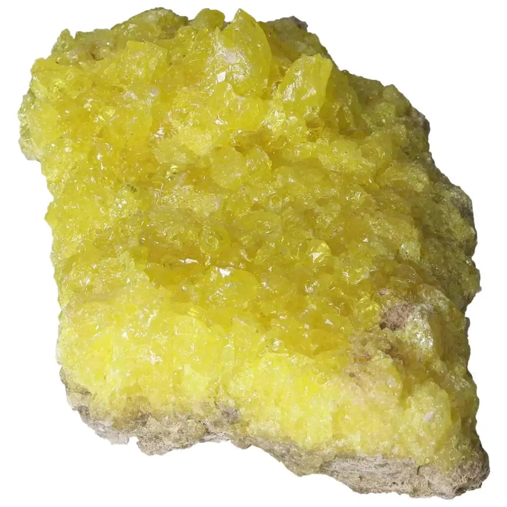 Rough Sulphur Druze crystal with vibrant yellow hues and intricate texture from Sylvia Crystals.