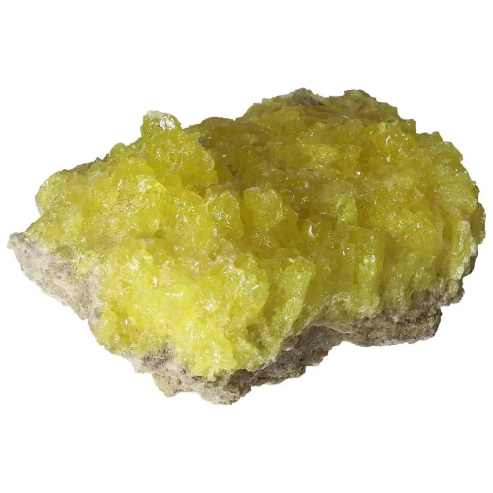 Rough Sulphur Druze crystal with vibrant yellow hues from Sylvia Crystals, showcasing intricate druzy surface for collectors.