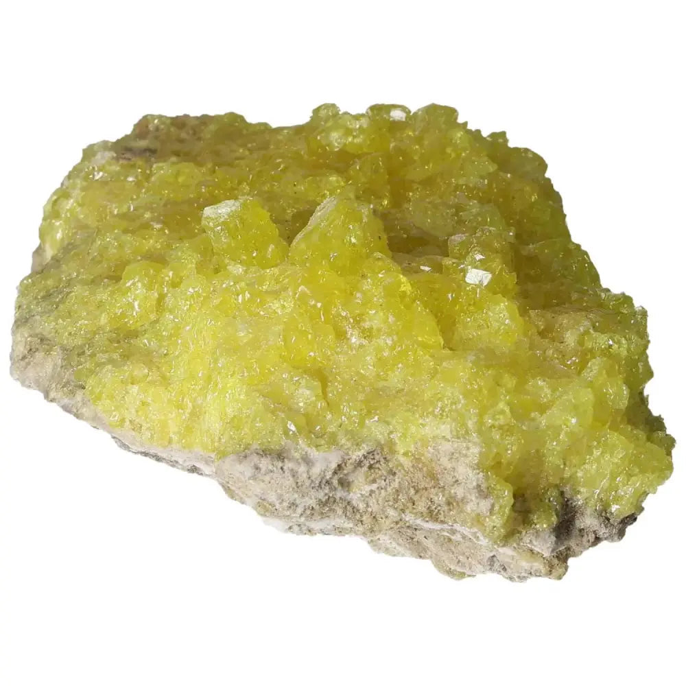 Rough Sulphur Druze crystal with vibrant yellow hues, from Sylvia Crystals, showcasing intricate druzy surfaces, perfect for mineral collectors.