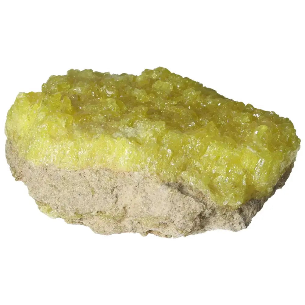 Rough Sulphur Druze with vibrant yellow crystals from Sylvia Crystals. Ideal for collections and decor. Rustic, unique, and captivating.