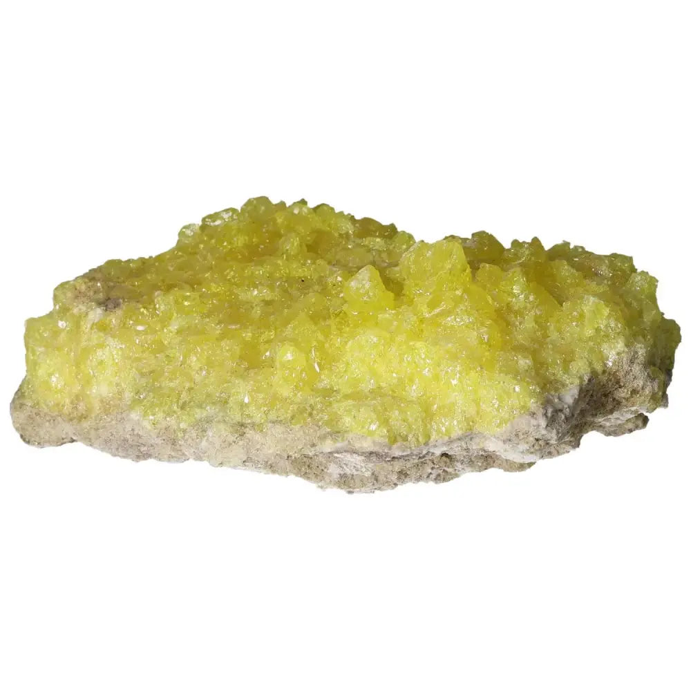 Rough Sulphur Druze crystal with vibrant yellow hues showcasing intricate druzy surface, from Sylvia Crystals collection.
