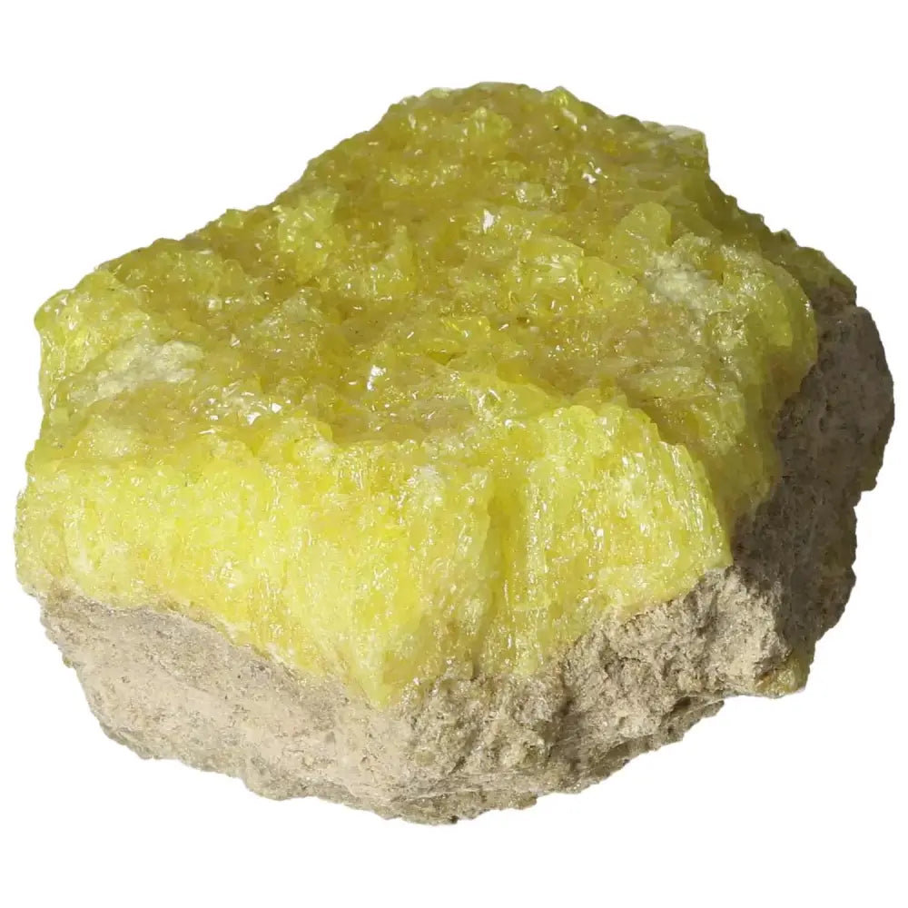 Rough Sulphur Druze with vibrant yellow crystals from Sylvia Crystals, ideal as a unique natural decor piece.