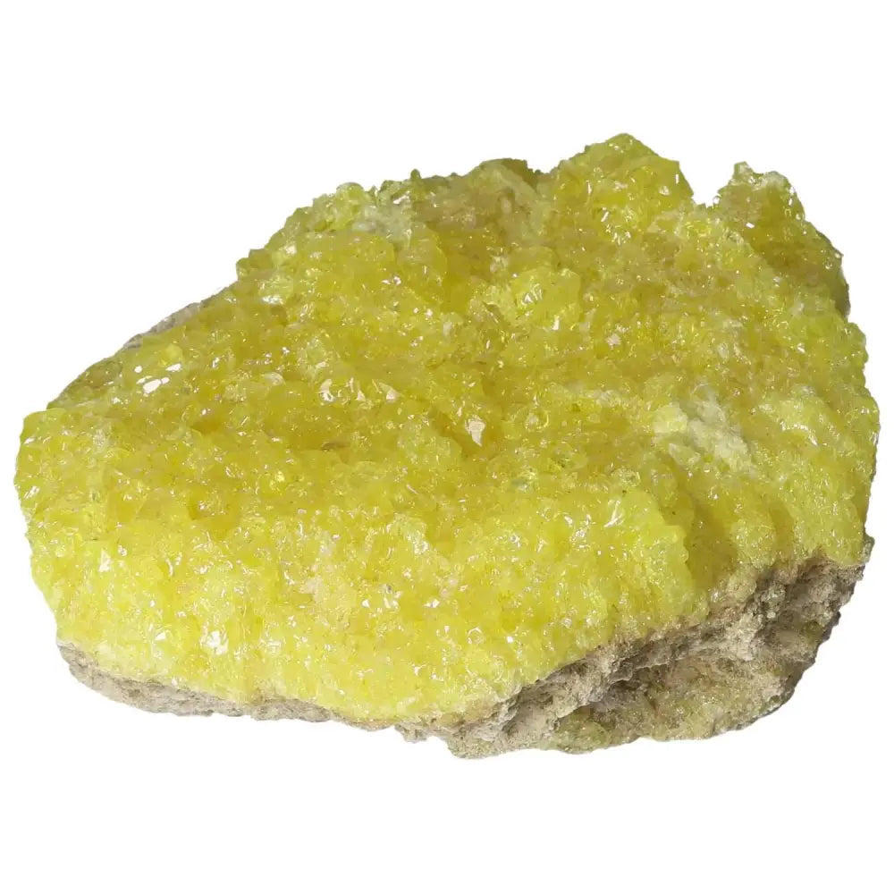 Rough Sulphur Druze with vibrant yellow crystals from Sylvia Crystals, showcasing unique rustic texture and natural formation, ideal for collections.