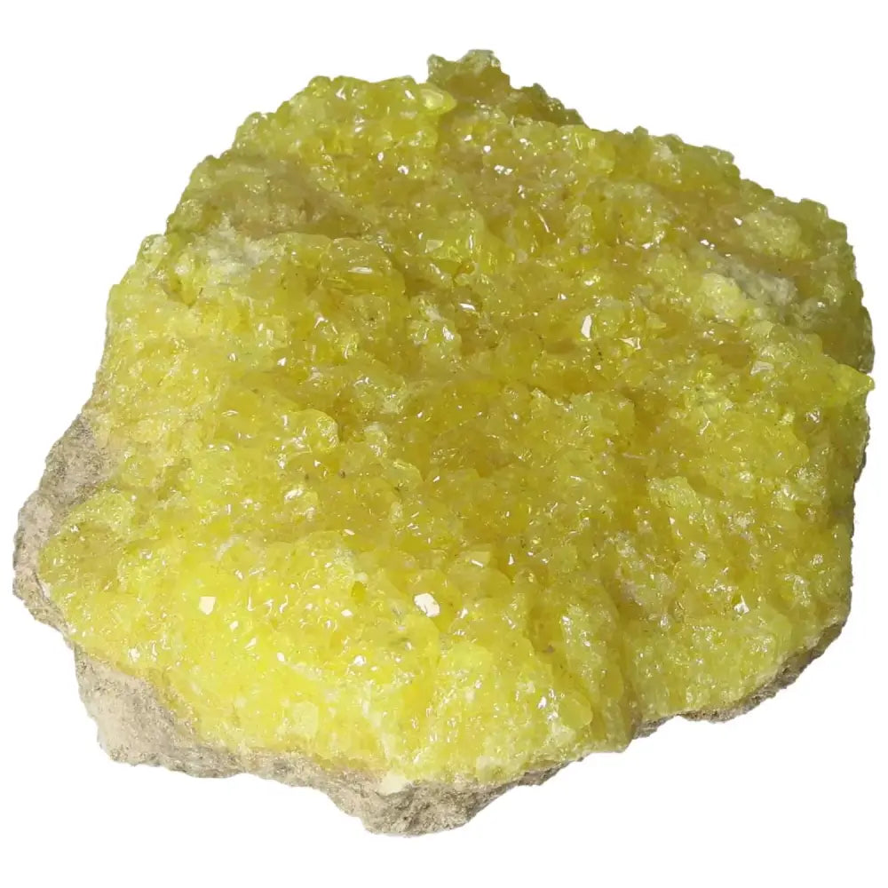 Rough Sulphur Druze with vibrant yellow crystals, from Sylvia Crystals, perfect as a centerpiece for collections and decor.