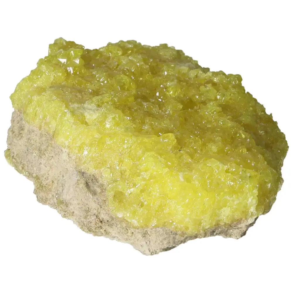 Rough Sulphur Druze with vibrant yellow crystals, a premium and authentic mineral from Sylvia Crystals, ideal for collections.
